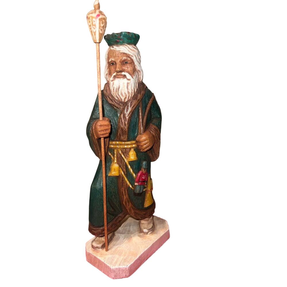 Hand Carved Wood St Nicholas Santa Claus w Basket & of Toys & Lantern Vintage